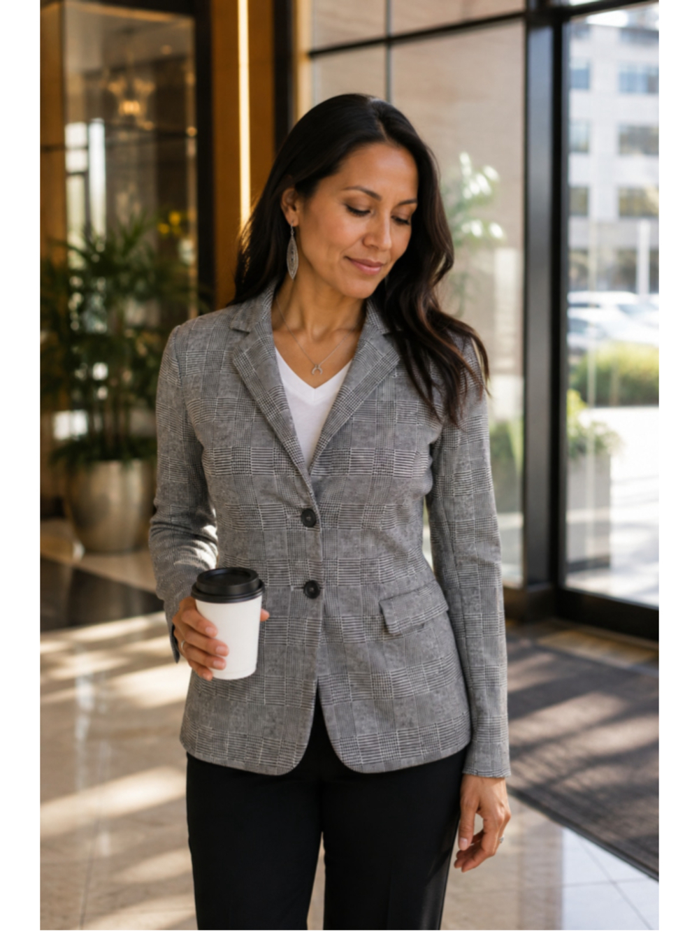Rachel Zoe Black Gray Plaid Soft Knit Blazer Notched Lapel Comfy XS Office